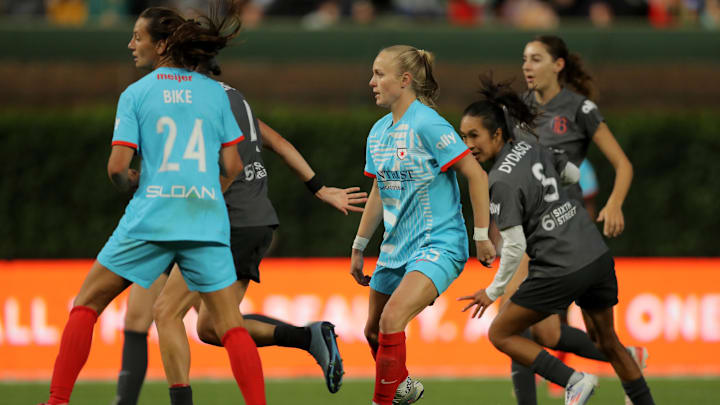 Jun 8, 2024; Chicago, Illinois, USA; Chicago Red Stars forward Penelope Hocking (55) looks on after scoring a goal against Bay FC in the second half at Wrigley Field.