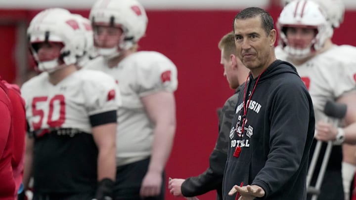Wisconsin head football coach Luke Fickell is shown during spring football practice Thursday, April 3, 2025 in Madison, Wisconsin. Mark Hoffman/Milwaukee Journal Sentinel