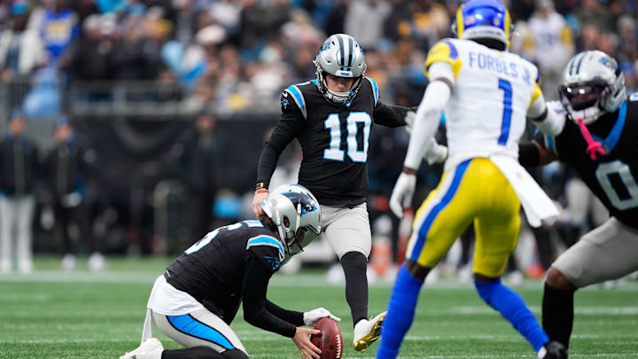 Nov 30, 2025; Charlotte, North Carolina, USA; Carolina Panthers place kicker Ryan Fitzgerald (10) kicks a field goal during the second quarter against the Los Angeles Rams at Bank of America Stadium. Mandatory Credit: Jim Dedmon-Imagn Images Nov 30, 2025; Charlotte, North Carolina, USA; Carolina Panthers place kicker Ryan Fitzgerald (10) kicks a field goal during the second quarter against the Los Angeles Rams at Bank of America Stadium. Mandatory Credit: Jim Dedmon-Imagn Images