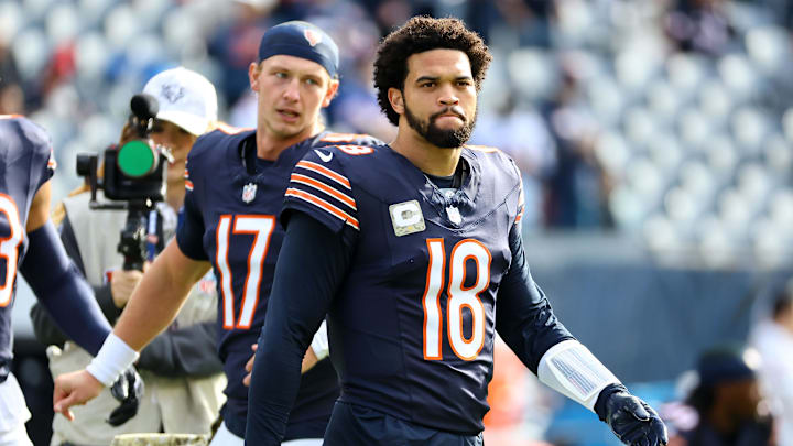 Nov 10, 2024; Chicago, Illinois, USA; Chicago Bears quarterback Caleb Williams (18) practices before the game against the New England Patriots at Soldier Field. Mandatory Credit: Mike Dinovo-Imagn Images