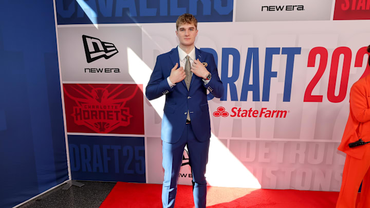 Jun 25, 2025; Brooklyn, NY, USA; Liam McNeeley arrives before the first round of the 2025 NBA Draft at Barclays Center. Mandatory Credit: Brad Penner-Imagn Images