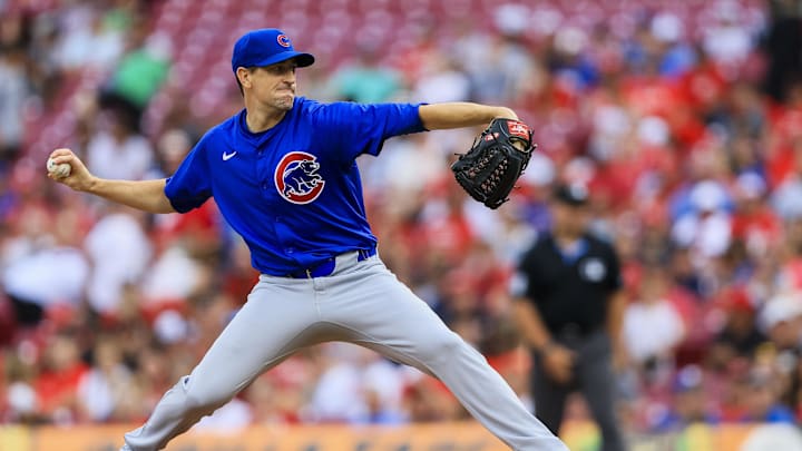 Jul 31, 2024; Cincinnati, Ohio, USA; Chicago Cubs starting pitcher Kyle Hendricks (28) pitches against the Cincinnati Reds in the first inning at Great American Ball Park.