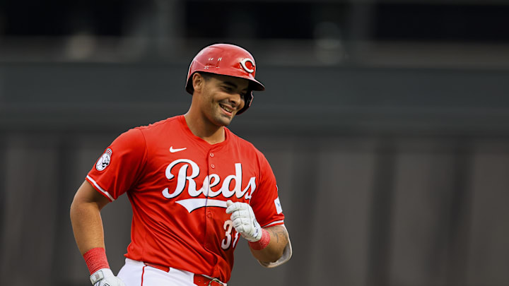 Mar 29, 2025; Cincinnati, Ohio, USA; Cincinnati Reds first baseman Christian Encarnacion-Strand (33) runs the bases after hitting a solo home run in the sixth inning against the San Francisco Giants at Great American Ball Park. Mandatory Credit: Katie Stratman-Imagn Images