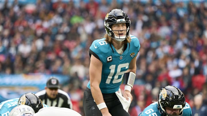 Oct 20, 2024; London, United Kingdom; Jacksonville Jaguars quarterback Trevor Lawrence (16) looks down the field in the second half during an NFL International Series game at Wembley Stadium. Mandatory Credit: Peter van den Berg-Imagn Images Oct 20, 2024; London, United Kingdom; Jacksonville Jaguars quarterback Trevor Lawrence (16) looks down the field in the second half during an NFL International Series game at Wembley Stadium. Mandatory Credit: Peter van den Berg-Imagn Images