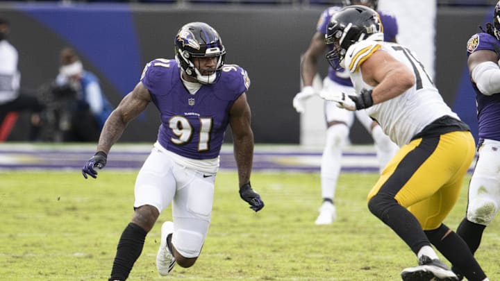 Nov 1, 2020; Baltimore, Maryland, USA; Baltimore Ravens defensive end Yannick Ngakoue (91) rushes during the second half as Pittsburgh Steelers offensive tackle Alejandro Villanueva (78) blocks at M&T Bank Stadium. Mandatory Credit: Tommy Gilligan-Imagn Images