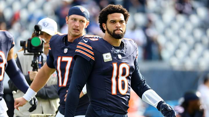 Nov 10, 2024; Chicago, Illinois, USA; Chicago Bears quarterback Caleb Williams (18) practices before the game against the New England Patriots at Soldier Field. Mandatory Credit: Mike Dinovo-Imagn Images Nov 10, 2024; Chicago, Illinois, USA; Chicago Bears quarterback Caleb Williams (18) practices before the game against the New England Patriots at Soldier Field. Mandatory Credit: Mike Dinovo-Imagn Images