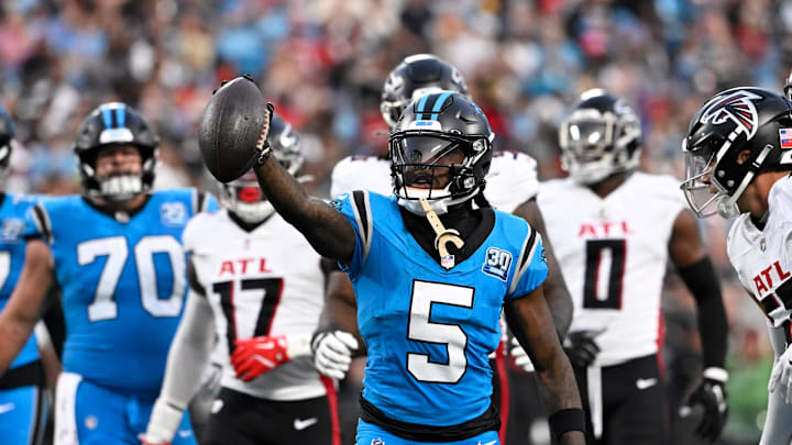 Oct 13, 2024; Charlotte, North Carolina, USA; Carolina Panthers wide receiver Diontae Johnson (5) reacts after making a catch in the second quarter at Bank of America Stadium. Mandatory Credit: Bob Donnan-Imagn Images