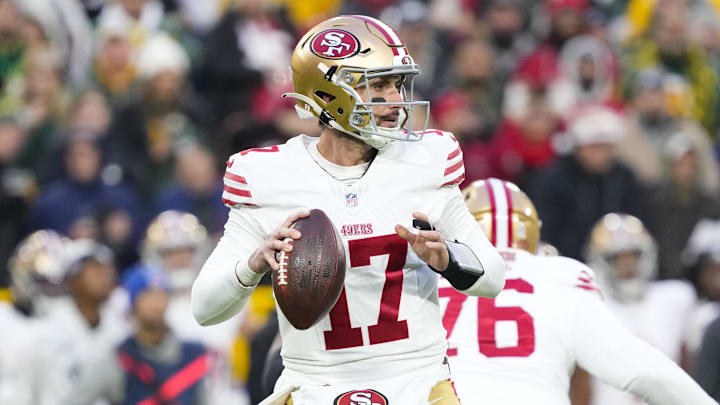 Nov 24, 2024; Green Bay, Wisconsin, USA;  San Francisco 49ers quarterback Brandon Allen (17) looks to throw a pass during the first quarter against the Green Bay Packers at Lambeau Field. Mandatory Credit: Jeff Hanisch-Imagn Images