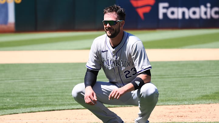Colorado Rockies first baseman Kris Bryant (23) after the tenth inning against the Oakland Athletics at Oakland-Alameda County Coliseum in 2024. Colorado Rockies first baseman Kris Bryant (23) after the tenth inning against the Oakland Athletics at Oakland-Alameda County Coliseum in 2024.