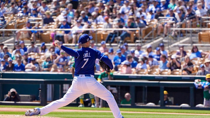 Los Angeles Dodgers pitcher Blake Snell (7) on the mound in the first inning for a spring training game between the Oakland Athletics at Camelback Ranch-Glendale on March 9.