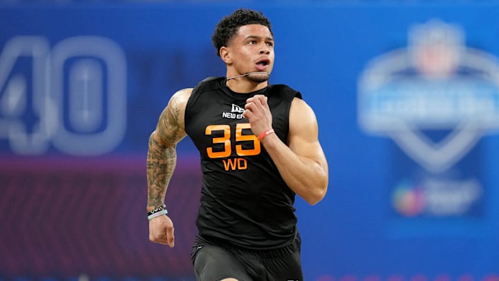Mar 1, 2025; Indianapolis, IN, USA; Iowa State wideout Jaylin Noel (WO35) during the 2025 NFL Combine at Lucas Oil Stadium. Mandatory Credit: Kirby Lee-Imagn Images
