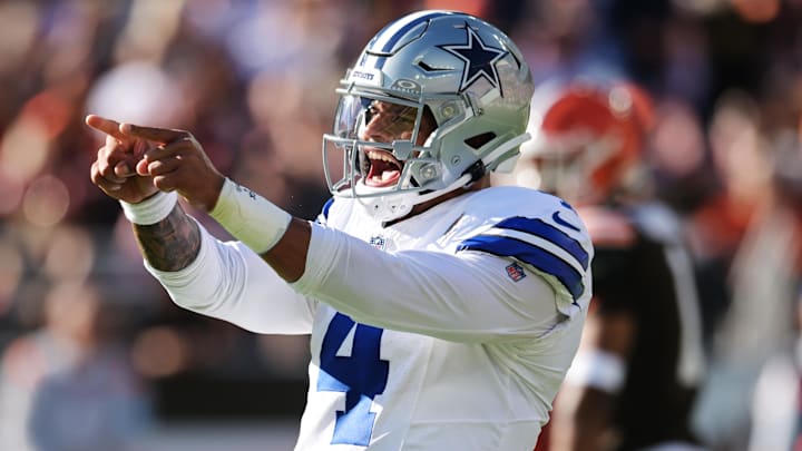 Sep 8, 2024; Cleveland, Ohio, USA; Dallas Cowboys quarterback Dak Prescott (4) celebrates after a touchdown during the first half against the Cleveland Browns at Huntington Bank Field. Mandatory Credit: Ken Blaze-Imagn Images