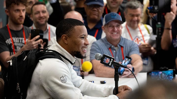 Saquon Barkley gives a press conference.