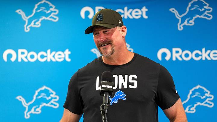 Aug 3, 2026; Allen Park, MI, USA; Detroit Lions head coach Dan Campbell addresses the media prior to Detroit Lions training camp. Mandatory Credit: Paul Barnick-Imagn Images