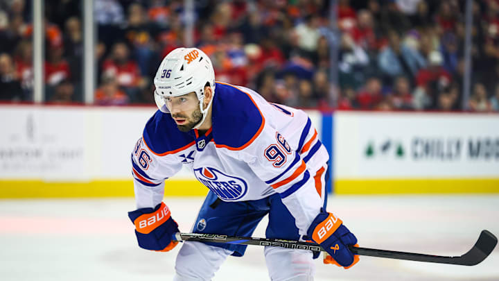 Feb 4, 2026; Calgary, Alberta, CAN; Edmonton Oilers defenseman Jake Walman (96) against the Calgary Flames during the first period at Scotiabank Saddledome. Mandatory Credit: Sergei Belski-Imagn Images