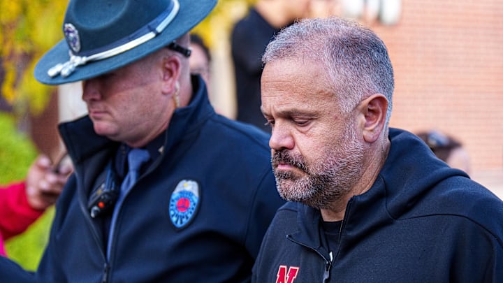 Nov 1, 2025; Lincoln, Nebraska, USA; Nebraska Cornhuskers head coach Matt Rhule arrives at the stadium with the team before the game against the Southern California Trojans at Memorial Stadium. Mandatory Credit: Dylan Widger-Imagn Images