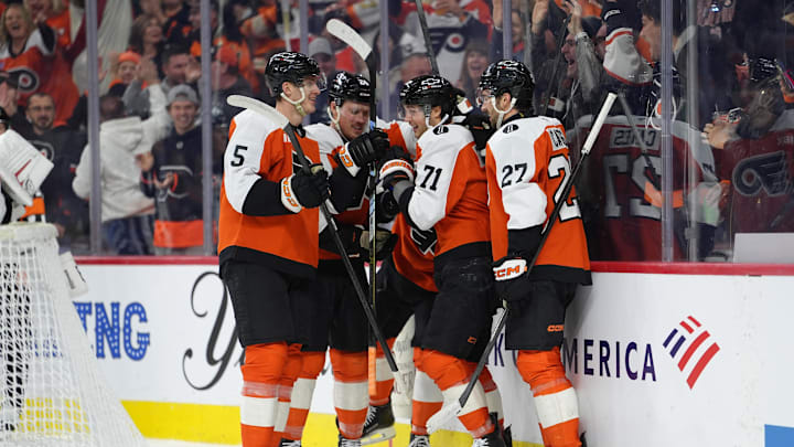 Nov 22, 2025; Philadelphia, Pennsylvania, USA; Philadelphia Flyers right wing Tyson Foerster (71) reacts with teammates after scoring a goal against the New Jersey Devils in the first period at Xfinity Mobile Arena. Mandatory Credit: Kyle Ross-Imagn Images Nov 22, 2025; Philadelphia, Pennsylvania, USA; Philadelphia Flyers right wing Tyson Foerster (71) reacts with teammates after scoring a goal against the New Jersey Devils in the first period at Xfinity Mobile Arena. Mandatory Credit: Kyle Ross-Imagn Images