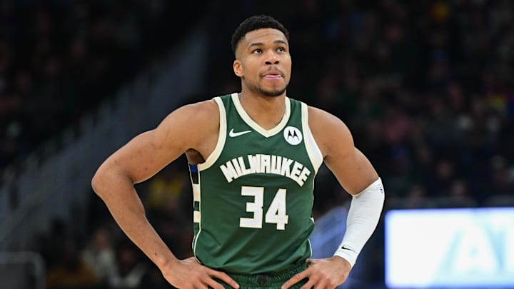 Dec 16, 2023; Milwaukee, Wisconsin, USA; Milwaukee Bucks forward Giannis Antetokounmpo (34) looks on during a timeout in the second quarter against the Detroit Pistons at Fiserv Forum. Mandatory Credit: Benny Sieu-Imagn Images