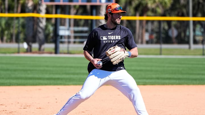 Detroit Tigers outfielder Matt Vierling works out from the third base during spring training at TigerTown in Lakeland, Fla. on Monday, Feb. 17, 2025.