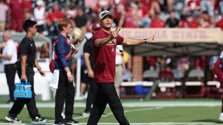 Sep 19, 2026; Tuscaloosa, Alabama, USA;  Florida State Seminoles head coach Mike Norvell looks on before the game against the Alabama Crimson Tide at Saban Field at Bryant-Denny Stadium.  Mandatory Credit: David Leong-Imagn Images