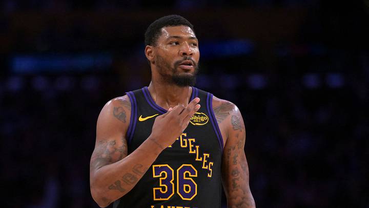 Los Angeles Lakers guard Marcus Smart (36) reacts after a three-point basket in the first half of game two of the first round of the 2026 NBA Playoffs against the Houston Rockets at Crypto.com Arena on Apr. 21, 2026.