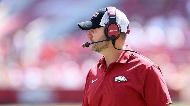Sep 19, 2026; Fayetteville, Arkansas, USA; Arkansas Razorbacks head coach Ryan Silverfield looks on from the sideline during the second half of the game against the Georgia Bulldogs at Donald W. Reynolds Razorback Stadium. Mandatory Credit: Nelson Chenault-Imagn Images Sep 19, 2026; Fayetteville, Arkansas, USA; Arkansas Razorbacks head coach Ryan Silverfield looks on from the sideline during the second half of the game against the Georgia Bulldogs at Donald W. Reynolds Razorback Stadium. Mandatory Credit: Nelson Chenault-Imagn Images