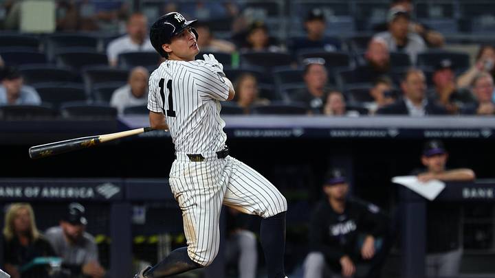Sep 10, 2026; Bronx, New York, USA; New York Yankees shortstop Anthony Volpe (11) hits a grand slam during the seventh inning against the Colorado Rockies at Yankee Stadium. Mandatory Credit: Vincent Carchietta-Imagn Images Sep 10, 2026; Bronx, New York, USA; New York Yankees shortstop Anthony Volpe (11) hits a grand slam during the seventh inning against the Colorado Rockies at Yankee Stadium. Mandatory Credit: Vincent Carchietta-Imagn Images