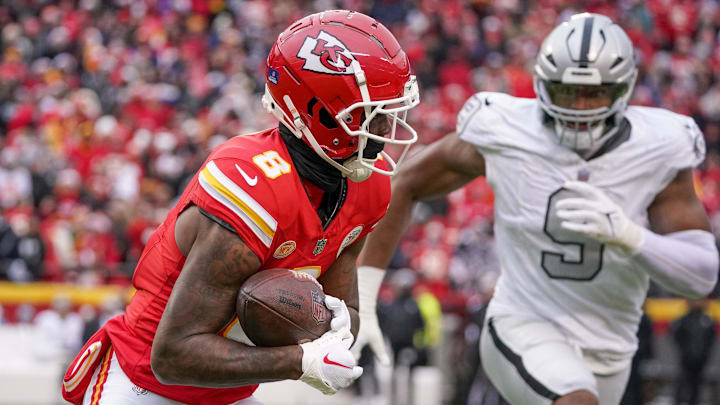 Dec 25, 2023; Kansas City, Missouri, USA; Kansas City Chiefs wide receiver Rashee Rice (4) runs the