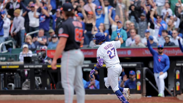 May 14, 2026; New York City, New York, USA; New York Mets first baseman Mark Vientos (27) rounds the bases after hitting a two run home run against Detroit Tigers relief pitcher Tyler Holton (87) during the fifth inning at Citi Field. Mandatory Credit: Brad Penner-Imagn Images