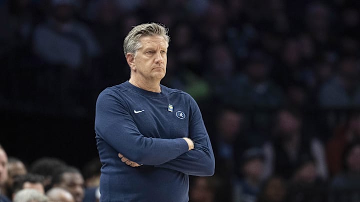 Jan 22, 2026; Minneapolis, Minnesota, USA; Minnesota Timberwolves head coach Chris Finch looks on against the Chicago Bulls in the second half at Target Center. Mandatory Credit: Jesse Johnson-Imagn Images