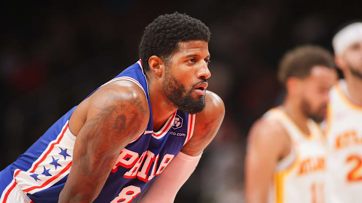Oct 14, 2024; Atlanta, Georgia, USA; Philadelphia 76ers forward Paul George (8) in action against the Atlanta Hawks in the second quarter at State Farm Arena. Mandatory Credit: Brett Davis-Imagn Images