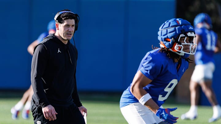 Florida Gators co-defensive coordinator Vinnie Sunseri watches a drill during spring football practice at Heavener Football Complex at the University of Florida in Gainesville, FL on Thursday, March 6, 2025. [Matt Pendleton/Gainesville Sun]