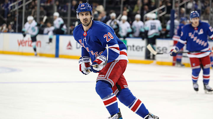 Dec 8, 2024; New York, New York, USA; New York Rangers left wing Chris Kreider (20) skates against the Seattle Kraken during the third period at Madison Square Garden. Mandatory Credit: Danny Wild-Imagn Images