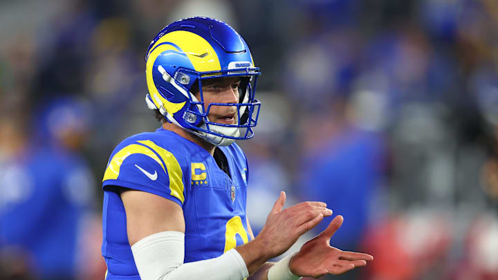 Jan 13, 2025; Glendale, AZ, USA; Los Angeles Rams quarterback Matthew Stafford (9) practices before the NFC wild card game against the Minnesota Vikings at State Farm Stadium. Mandatory Credit: Mark J. Rebilas-Imagn Images Jan 13, 2025; Glendale, AZ, USA; Los Angeles Rams quarterback Matthew Stafford (9) practices before the NFC wild card game against the Minnesota Vikings at State Farm Stadium. Mandatory Credit: Mark J. Rebilas-Imagn Images