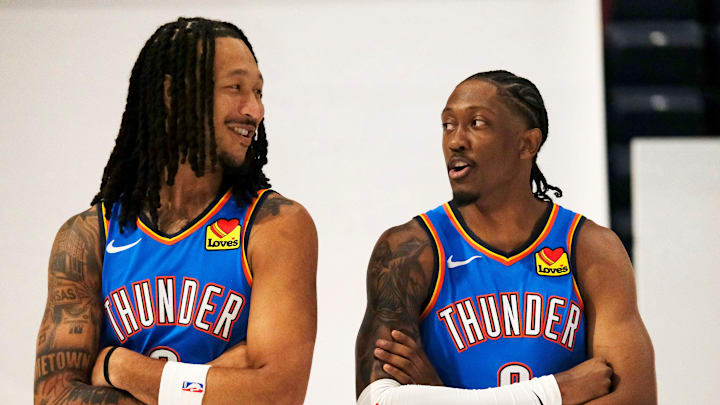 Jaylin Williams (6) and Jalen Williams (8) during the Thunder Media Day for the 25-26 NBA season at the Paycom Center Monday, Sept. 29, 2025. Jaylin Williams (6) and Jalen Williams (8) during the Thunder Media Day for the 25-26 NBA season at the Paycom Center Monday, Sept. 29, 2025.