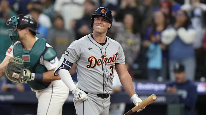 Oct 5, 2025; Seattle, Washington, USA; Detroit Tigers left fielder Riley Greene (31) reacts after striking out in the fifth inning against the Seattle Mariners during game two of the ALDS round for the 2025 MLB playoffs at T-Mobile Park. 