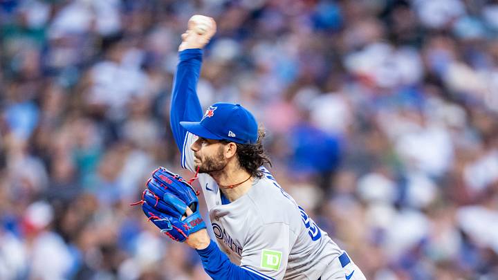 Jul 3, 2026; Seattle, Washington, USA;  Toronto Blue Jays starter Dylan Cease (84) delivers a pitch during the sixth inning against the Seattle Mariners at T-Mobile Park. Mandatory Credit: Stephen Brashear-Imagn Images