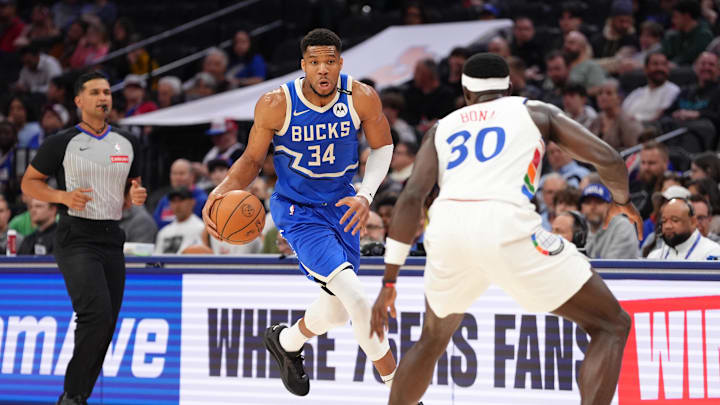 Apr 3, 2025; Philadelphia, Pennsylvania, USA; Milwaukee Bucks forward Giannis Antetokounmpo (34) drives with the ball against the Philadelphia 76ers in the first quarter at Wells Fargo Center. Mandatory Credit: Kyle Ross-Imagn Images