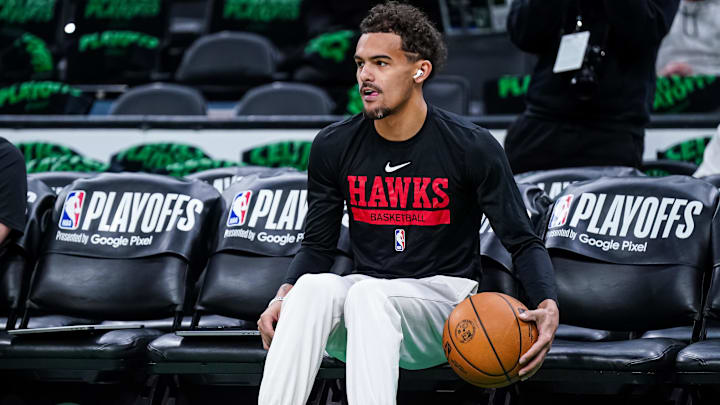 Apr 18, 2023; Boston, Massachusetts, USA; Atlanta Hawks guard Trae Young (11) on the court before the start of game two of the 2023 NBA playoffs against the Boston Celtics at TD Garden. Mandatory Credit: David Butler II-Imagn Images