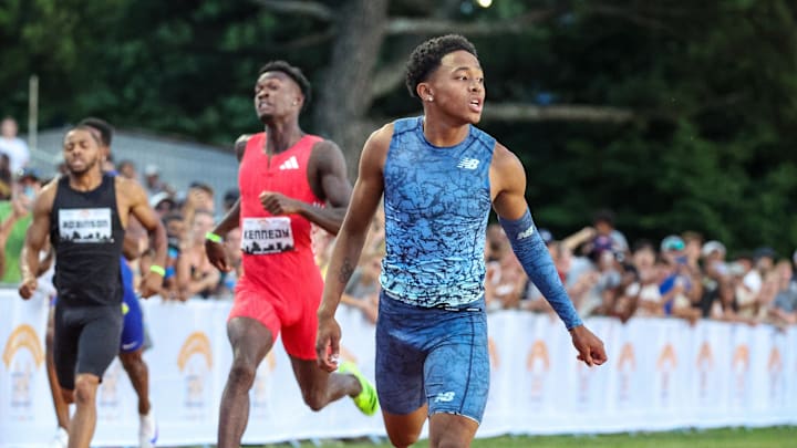 Jul 12, 2025; Memphis, TN, USA; Quincy Wilson wins the Men 400 meter during the Ed Murphey Classic at University of Memphis. Mandatory Credit: Wesley Hale-Imagn Images