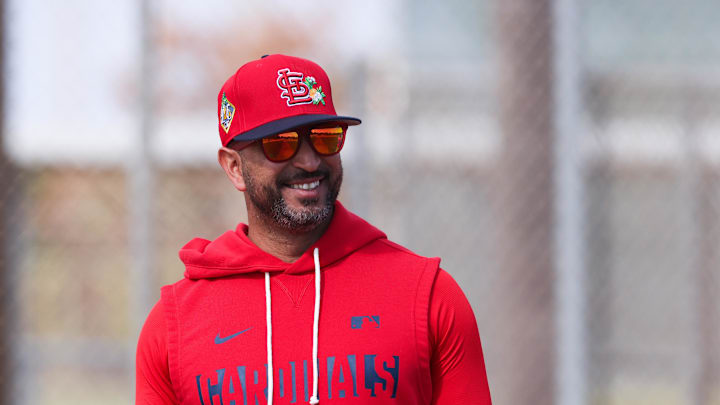 Feb 14, 2026; Jupiter, FL, USA; St. Louis Cardinals manager Oliver Marmol (37) looks on during spring training workouts at Roger Dean Chevrolet Stadium. Mandatory Credit: Sam Navarro-Imagn Images