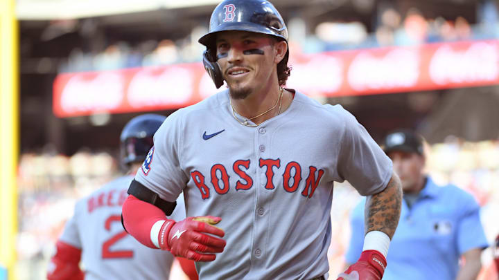 Jul 21, 2025; Philadelphia, Pennsylvania, USA; Boston Red Sox outfielder Jarren Duran (16) celebrates after hitting a home run during the first inning against the Philadelphia Phillies at Citizens Bank Park. Mandatory Credit: Eric Hartline-Imagn Images