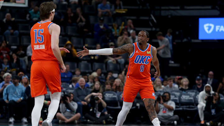 Jan 9, 2026; Memphis, Tennessee, USA; Oklahoma City Thunder guard Jalen Williams (8) reacts with center Branden Carlson (15) during the first quarter against the Memphis Grizzlies at FedExForum. Mandatory Credit: Petre Thomas-Imagn Images Jan 9, 2026; Memphis, Tennessee, USA; Oklahoma City Thunder guard Jalen Williams (8) reacts with center Branden Carlson (15) during the first quarter against the Memphis Grizzlies at FedExForum. Mandatory Credit: Petre Thomas-Imagn Images