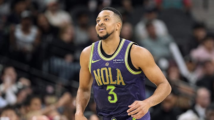 Mar 15, 2025; San Antonio, Texas, USA; New Orleans Pelicans guard CJ McCollum (3) reacts after scoring a basket during the second half against the San Antonio Spurs at Frost Bank Center. Mandatory Credit: Scott Wachter-Imagn Images