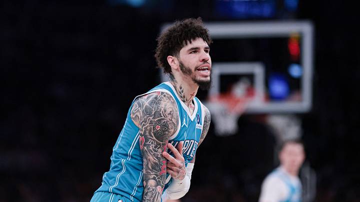 Apr 12, 2026; New York, New York, USA; Charlotte Hornets guard LaMelo Ball (1) reacts after a basket against the New York Knicks during the first half at Madison Square Garden. Mandatory Credit: Vincent Carchietta-Imagn Images
