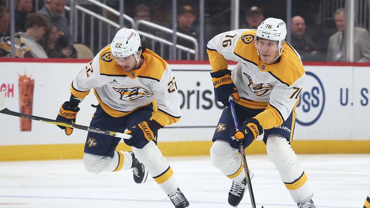 Oct 24, 2026; Pittsburgh, Pennsylvania, USA; Nashville Predators defenseman Brady Skjei (76) breaks up ice with the puck alongside center Mavrik Bourque (22) against the Pittsburgh Penguins during the second period at PPG Paints Arena. Mandatory Credit: Charles LeClaire-Imagn Images Oct 24, 2026; Pittsburgh, Pennsylvania, USA; Nashville Predators defenseman Brady Skjei (76) breaks up ice with the puck alongside center Mavrik Bourque (22) against the Pittsburgh Penguins during the second period at PPG Paints Arena. Mandatory Credit: Charles LeClaire-Imagn Images