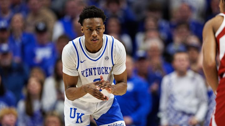 Feb 1, 2025; Lexington, Kentucky, USA; Kentucky Wildcats guard Jaxson Robinson (2) claps as he gets ready to defend during the second half against the Arkansas Razorbacks at Rupp Arena at Central Bank Center. Mandatory Credit: Jordan Prather-Imagn Images