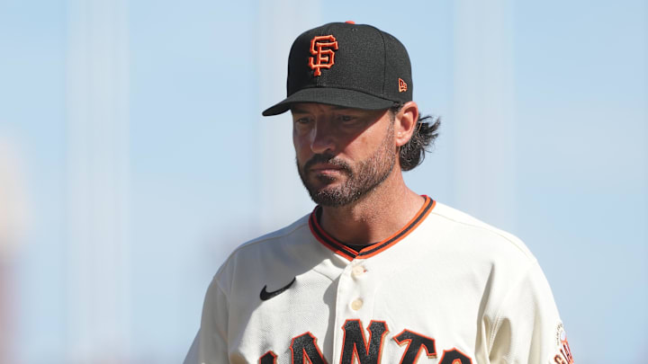 Mar 27, 2026; San Francisco, California, USA; San Francisco Giants manager Tony Vitello (23) walks to the dugout during the eighth inning against the New York Yankees at Oracle Park. Mandatory Credit: Darren Yamashita-Imagn Images