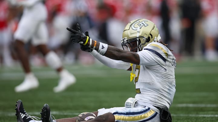 Sep 14, 2024; Atlanta, Georgia, USA; Georgia Tech Yellow Jackets wide receiver Eric Singleton Jr. (2) reacts after a catch against the Virginia Military Institute Keydets in the first quarter at Bobby Dodd Stadium at Hyundai Field. Mandatory Credit: Brett Davis-Imagn Images