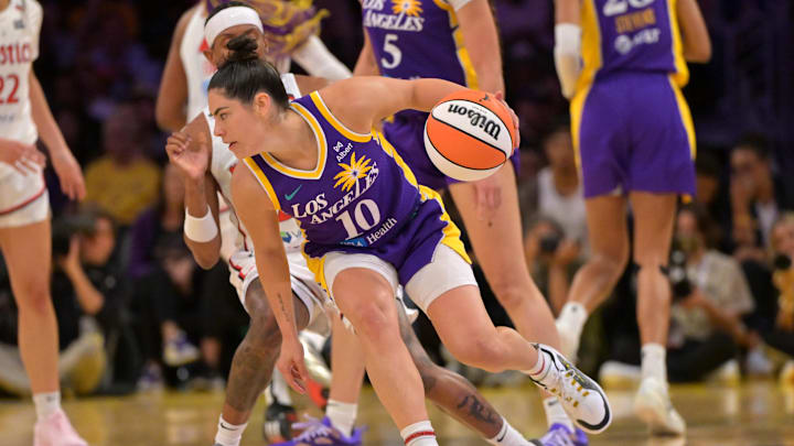 Jul 15, 2025; Los Angeles, California, USA; Washington Mystics guard Brittney Sykes (20) defends Los Angeles Sparks guard Kelsey Plum (10) during the second half at Crypto.com Arena. Mandatory Credit: Jayne Kamin-Oncea-Imagn Images Jul 15, 2025; Los Angeles, California, USA; Washington Mystics guard Brittney Sykes (20) defends Los Angeles Sparks guard Kelsey Plum (10) during the second half at Crypto.com Arena. Mandatory Credit: Jayne Kamin-Oncea-Imagn Images